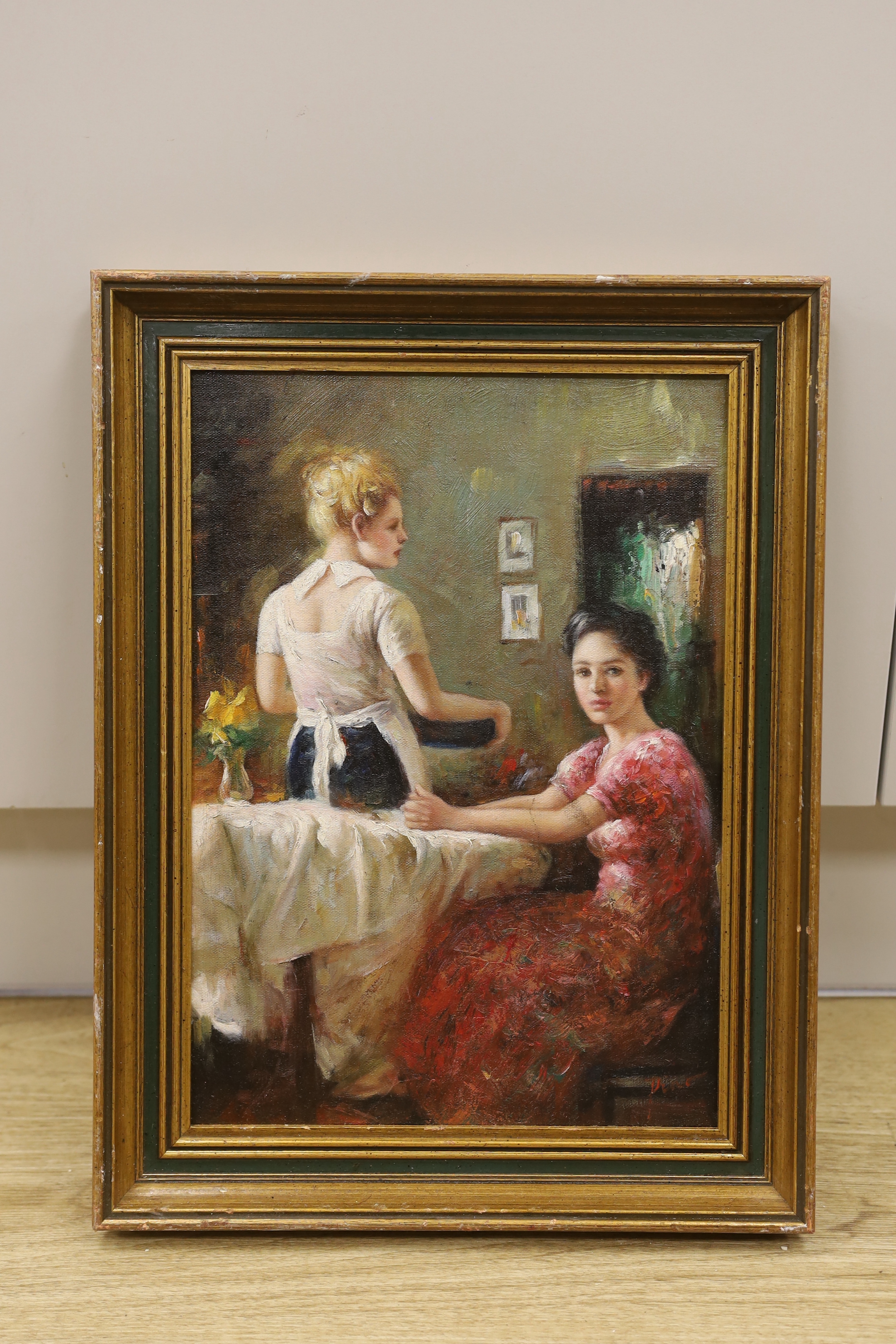 After Pino Daeni (Italian, 1939-2010), oil on board, Two women in an interior, 38 x 26cm